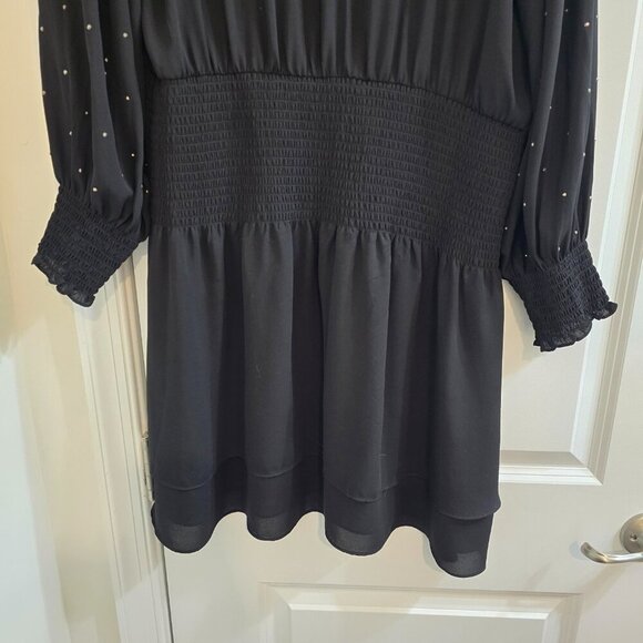 White House Black Market Long Sleeve Smocked Blouson Dress - Black W Rhinestones - Picture 7 of 10